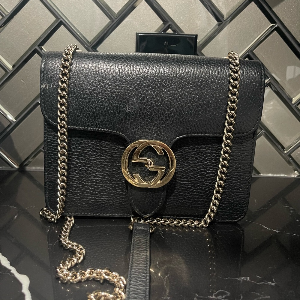 Gucci Black Leather Crossbody Bag with Gold Chain